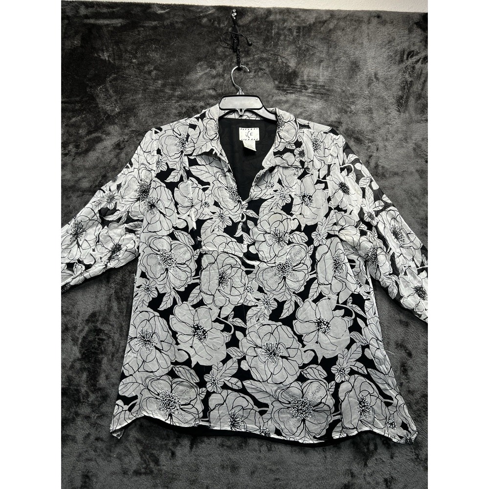 ICE Collection Women's 2X Black White Floral Art to Wear Lined Blouse